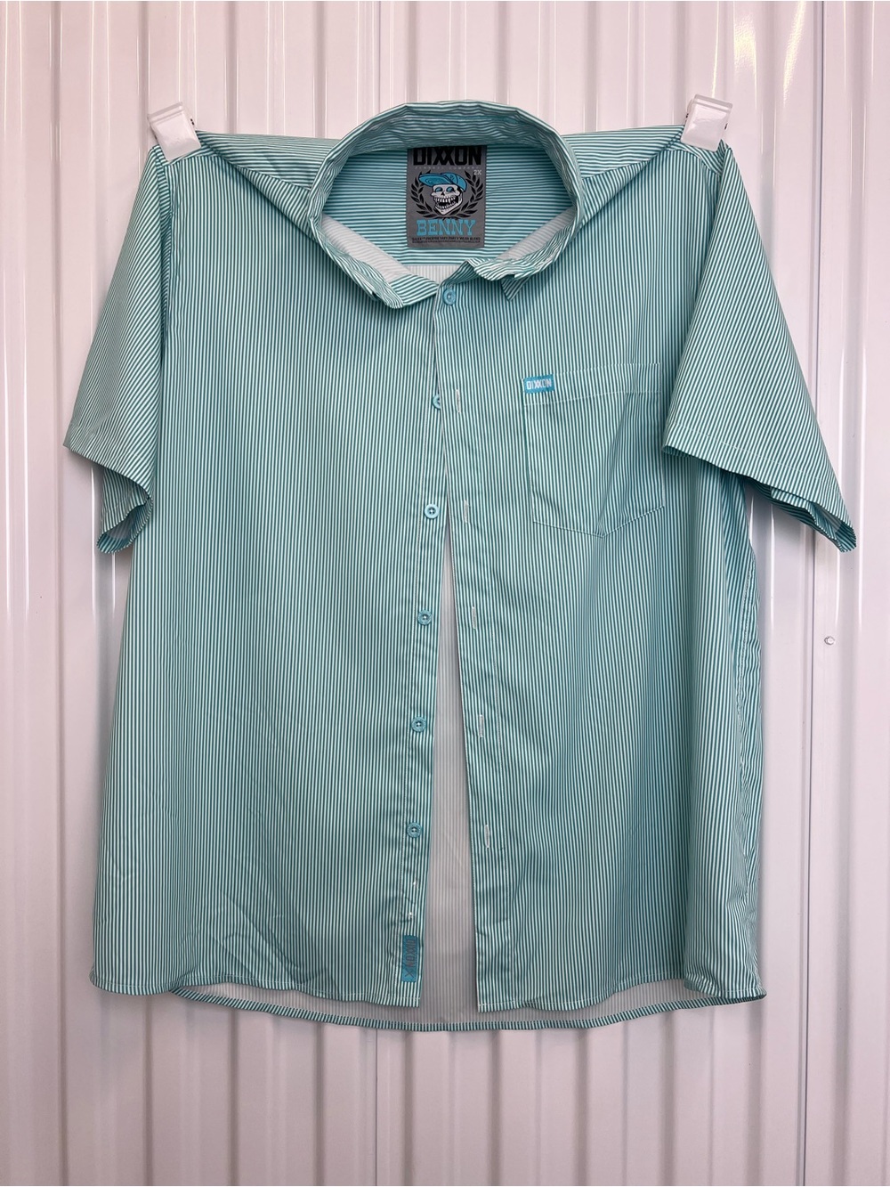 DIXXON 2XL Benny Men's Teal & White Striped Button-Down Short Sleeve Shirt